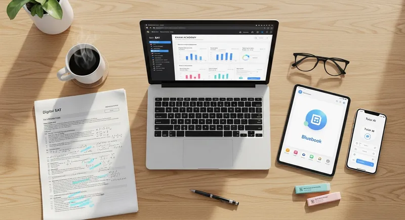 Top-down flat-lay of a modern Digital SAT study desk featuring a laptop with Khan Academy, a tablet with the Bluebook app, and annotated SAT practice test PDFs on a light oak surface.