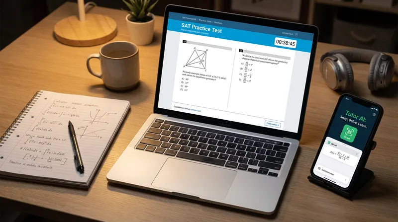 A student's desk setup for Digital SAT prep, with a laptop showing a practice test, a notebook with math problems, and a smartphone displaying the Tutor AI app for homework help.
