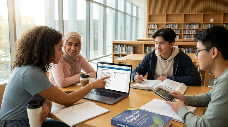 Diverse high school students practicing for the Digital SAT using an online platform on a laptop in a bright, modern library, collaborating on SAT practice questions.