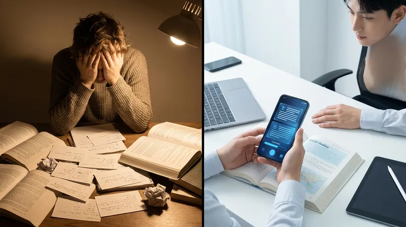 A split-screen comparison of an overwhelmed student studying with messy paper flashcards under dim light, contrasted with a relaxed student using an AI smartphone app to scan a social studies textbook under bright, modern lighting.
