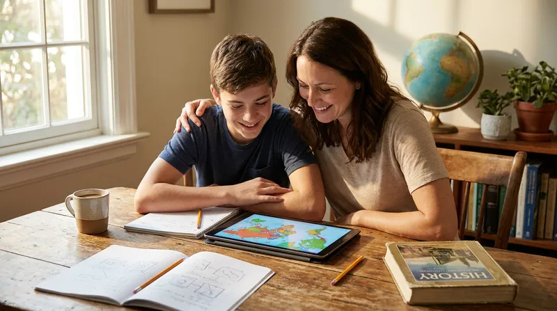 A mother and her teenage son smiling as they study an interactive historical map on a tablet together at a kitchen table, surrounded by school books and study materials.