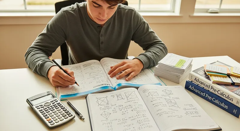 A high school student studying ACT Math with a calculator and practice booklet at an organized desk.
