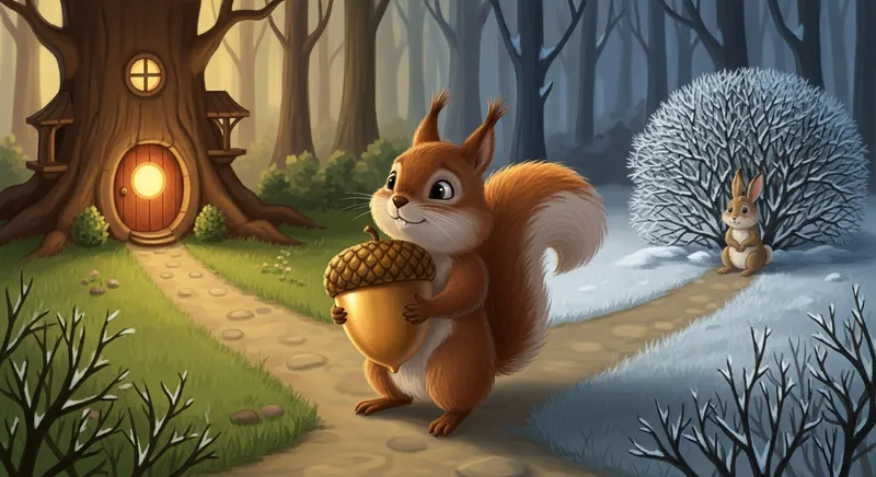 Illustration of a squirrel at a crossroads choosing to help a rabbit, from a moral story created with an AI story generator for kids.