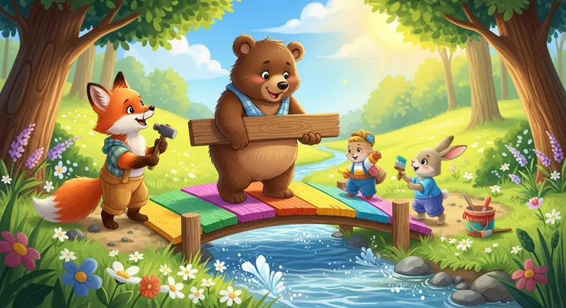 A whimsical watercolor storybook illustration of a bear, fox, and rabbit working together to build a colorful wooden bridge across a forest stream in a sunny meadow.