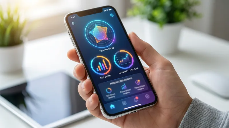 A student progress tracking app dashboard showing topic mastery charts, learning time analytics, and accuracy metrics on a smartphone.