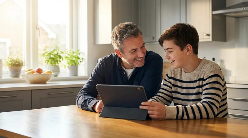 A parent and their teenage child, smiling and deeply engaged, lean towards a tablet at a bright kitchen table, reflecting a supportive discussion about academic progress. Soft natural light fills the modern kitchen.