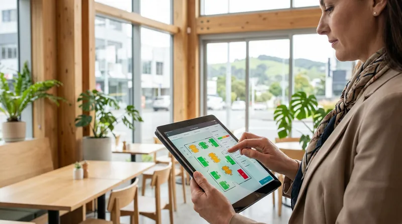 A restaurant manager using a tablet to manage a digital table reservation floor plan inside a modern New Zealand café.