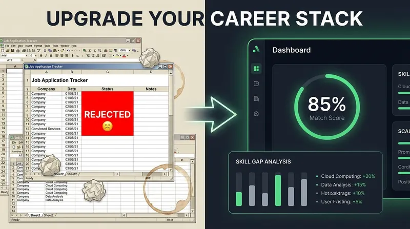 JobSparrow dashboard showing a resume match score and automated skill gap analysis compared to a cluttered job application spreadsheet.