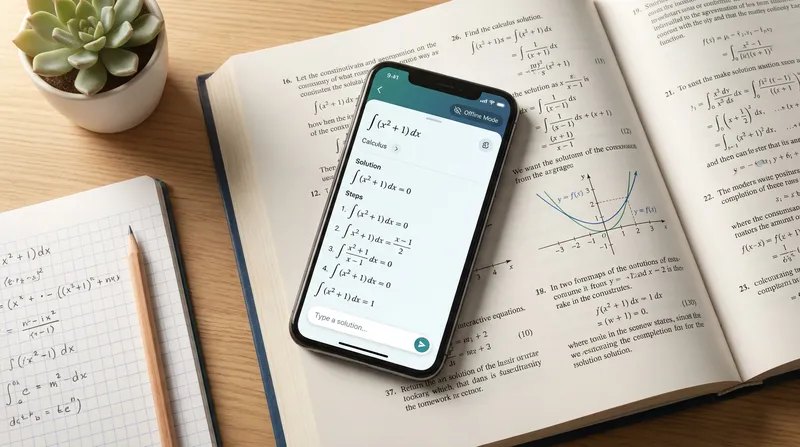 A smartphone displaying an offline AI study app with a step-by-step calculus solution, resting on an open math textbook on a wooden desk.