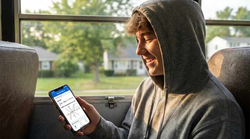 A high school student on a school bus smiles with relief while using an offline AI study app on their smartphone to solve a math equation.