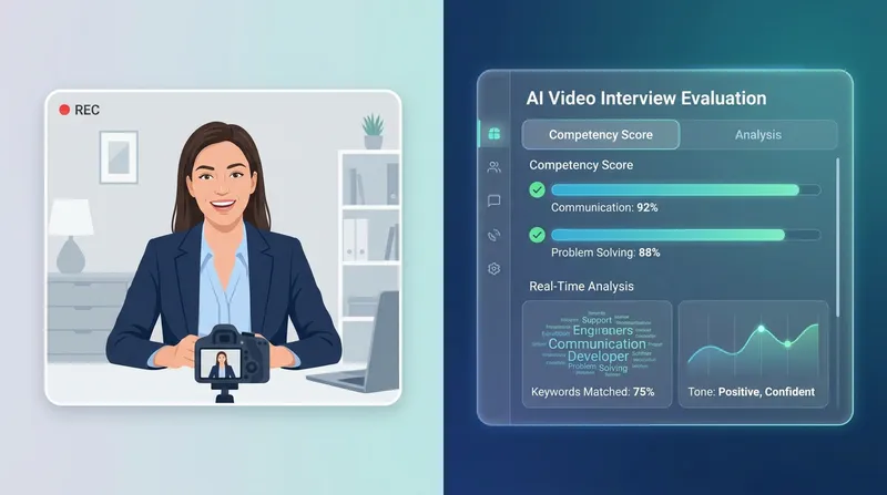 A split-screen illustration of an AI-powered video interview, showing a candidate recording on the left and an AI evaluation dashboard analyzing their communication and problem-solving scores on the right.