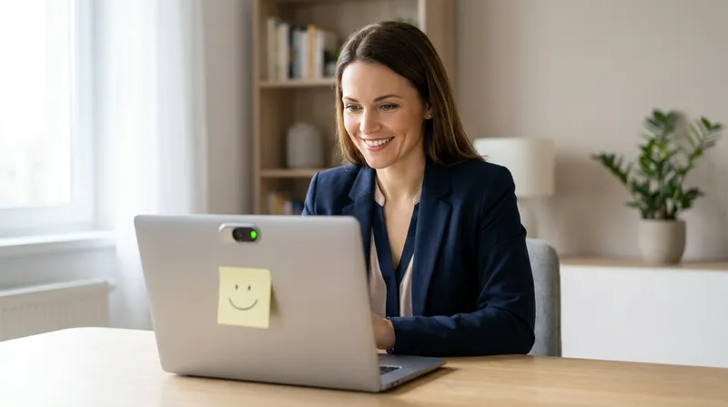 A job applicant smiling directly at a laptop webcam during a one-way video interview, with a yellow smiley face sticky note placed next to the camera lens in a bright home office.