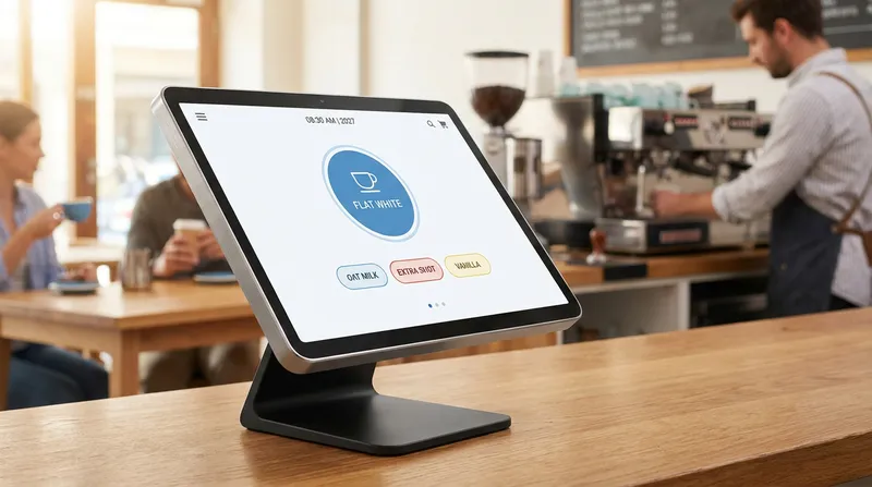 Lazygrid POS interface screenshot showing a fast coffee ordering modifier workflow for a flat white.