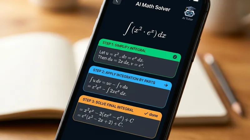 Smartphone showing Tutor AI step-by-step math solver app with color-coded calculus solution on a student study desk.