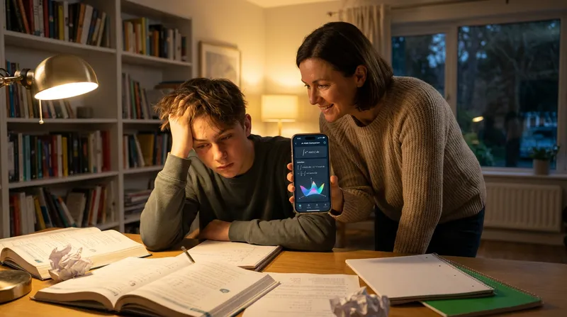 A teenage student and parent using an AI math solver app on a smartphone to view a step-by-step calculus solution at a desk filled with textbooks.