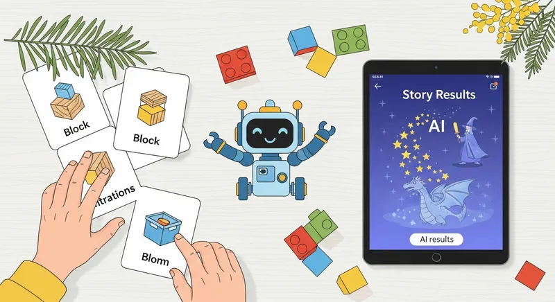 Child's hand arranging robot instructions next to a tablet with an AI storybook.