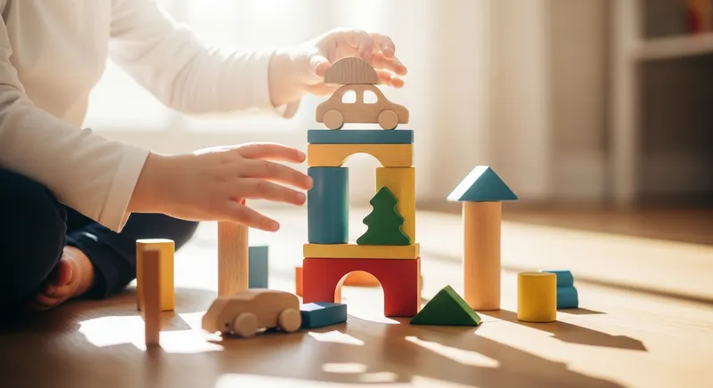 Close-up of a child's hands carefully stacking colorful wooden blocks and unique shapes on a sunlit oak floor, capturing a moment of imaginative play.