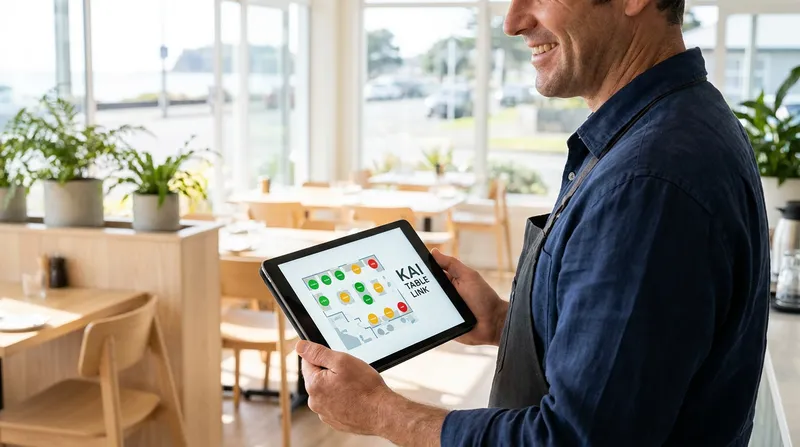 Restaurant manager using the Lazygrid POS table management floor plan on a tablet in a New Zealand bistro.