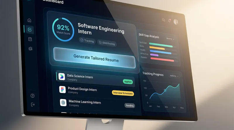 Futuristic internship application tracker dashboard on a dark-mode monitor, showing a 92% match score and a "Generate Tailored Resume" button.