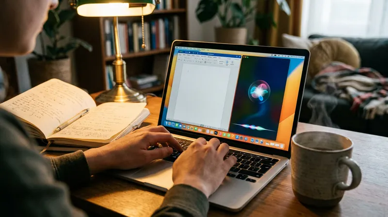 A student writing an essay on a laptop with a split-screen showing a document and an AI digital assistant interface in a cozy, warm-lit study room, demonstrating an ethical AI English homework helper.