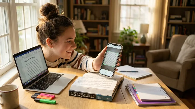 A student uses a mobile app to scan an English textbook at a bright, organized desk, demonstrating how to use an AI English solver for homework.