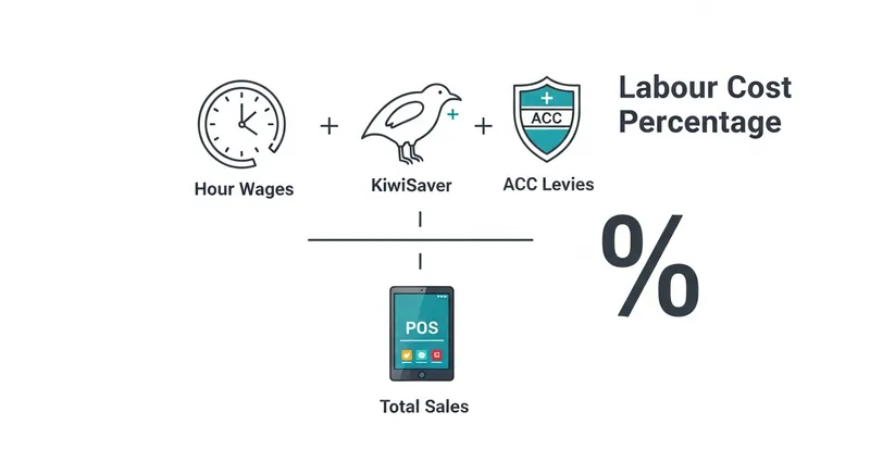 An infographic showing the formula for New Zealand labour cost percentage, with icons for wages, KiwiSaver, and ACC levies being divided by total sales from a POS system.
