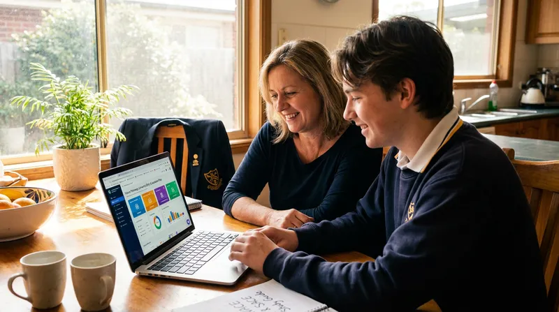 Australian student and parent reviewing ATAR university planning on a laptop at home.