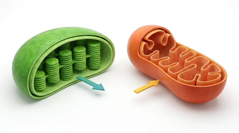 3D visualization comparing a green chloroplast and a red-orange mitochondrion cut open.