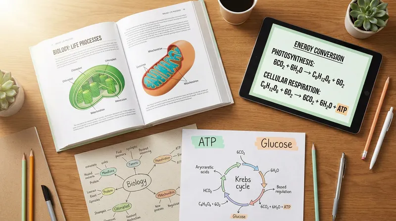 High school biology study setup with chloroplast and mitochondrion diagrams and a tablet.