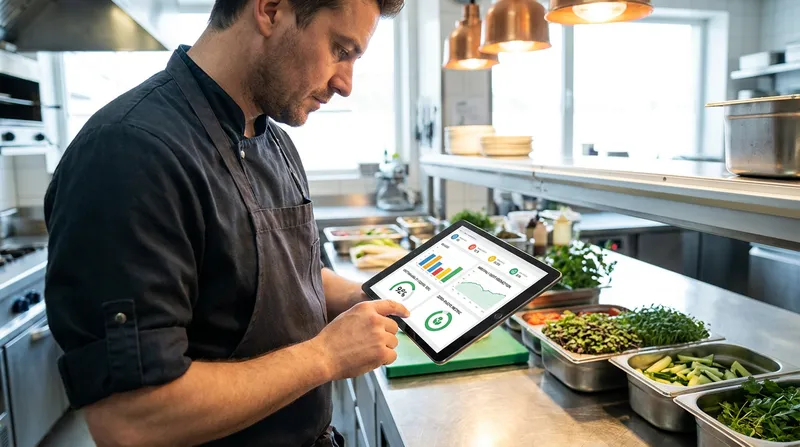 A chef reviewing POS inventory data on a tablet in a commercial kitchen.