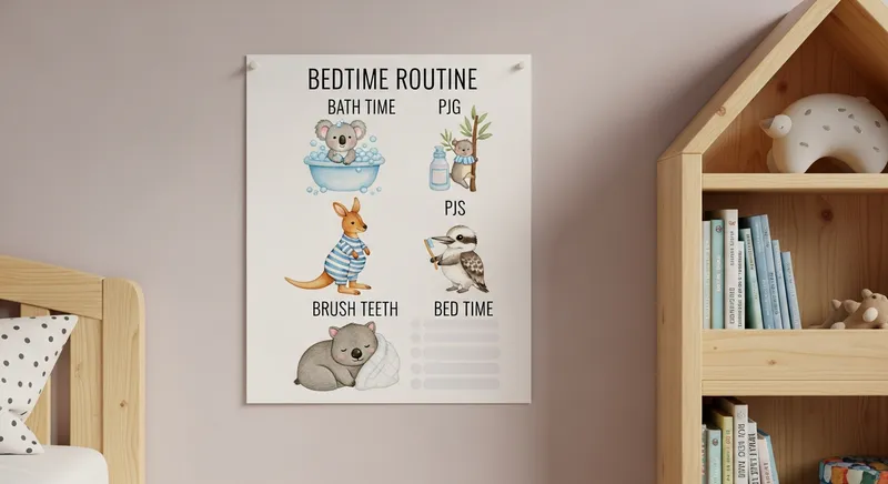 Whimsical Australian animal-themed bedtime routine chart for toddlers, featuring watercolor illustrations of a koala, kangaroo, and wombat in a cozy, warm-lit bedroom.