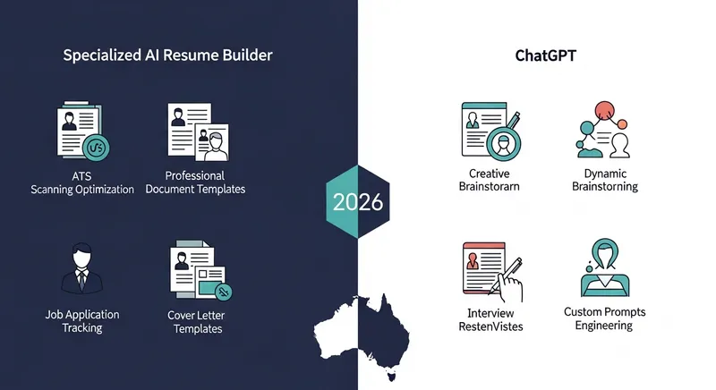 Minimalist split-screen infographic comparing a specialized AI resume builder and ChatGPT for the 2026 Australian job market, featuring modern icons for ATS optimization and creative writing over a navy and teal background with an Australian map silhouette.
