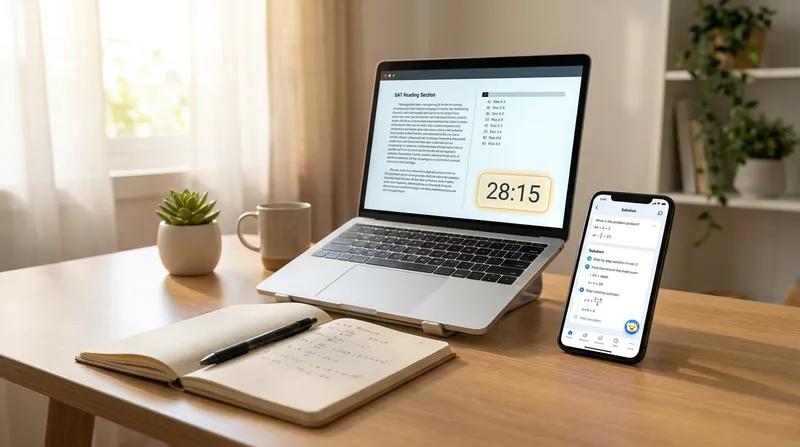 Home study desk with laptop showing digital SAT practice test and smartphone with Tutor AI app open beside math notes.