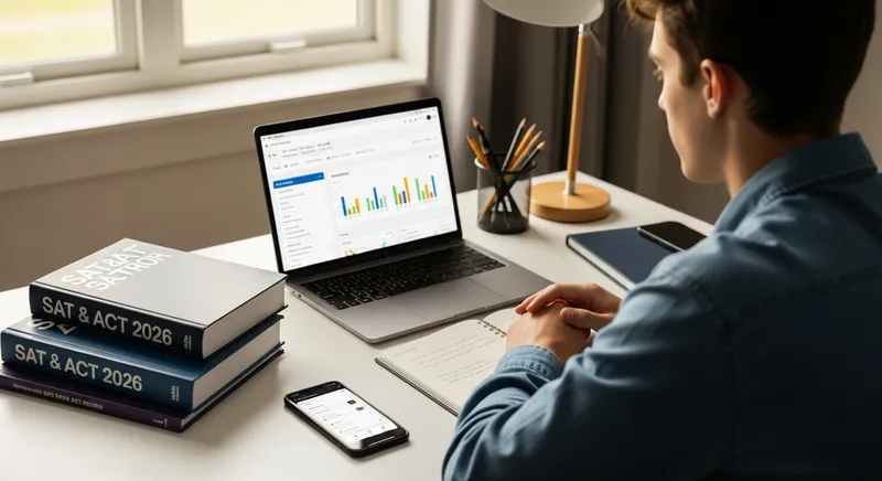 A high school student studying for 2026 SAT exams on a laptop with textbooks.