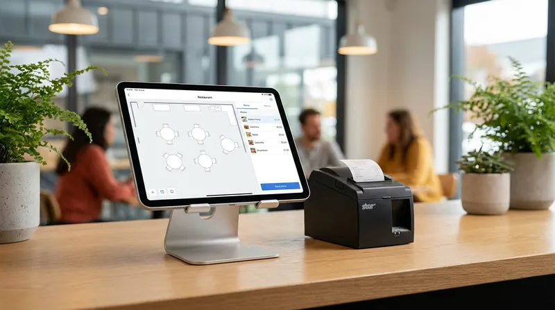 A modern iPad restaurant POS system displaying a colorful table layout and digital vouchers next to a receipt printer on a wooden counter in a busy New Zealand cafe.