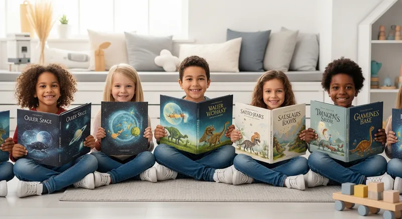 A diverse group of joyful children proudly holding custom-made children's storybooks with vibrant illustrations.