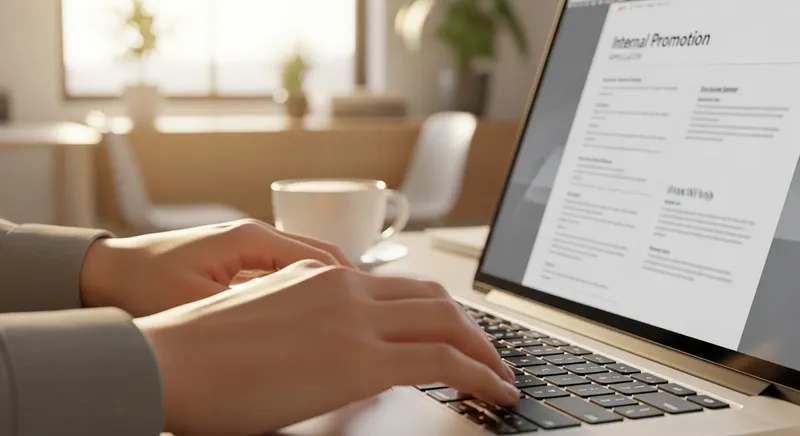 Close-up of a professional's hands typing an internal promotion application on a modern laptop in a sunlit, contemporary office setting.