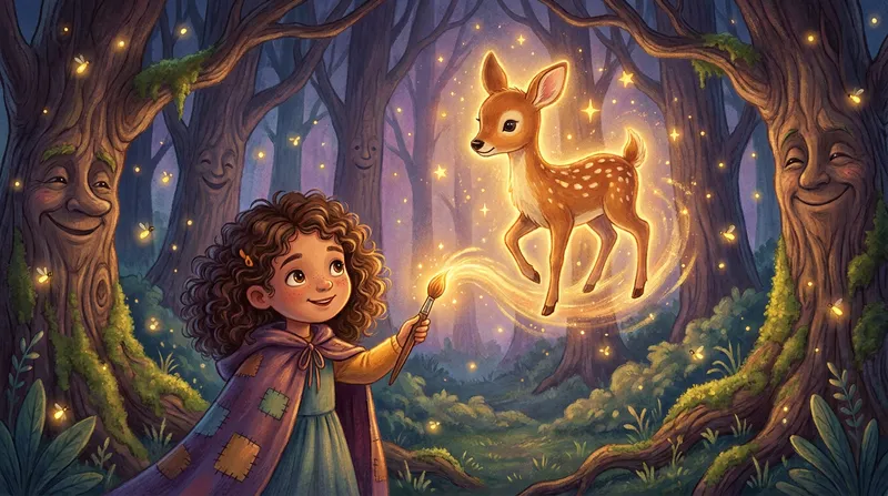 Whimsical bedtime storybook illustration of a young girl using a glowing magical paintbrush to paint a friendly, glowing baby deer in an enchanted twilight forest.