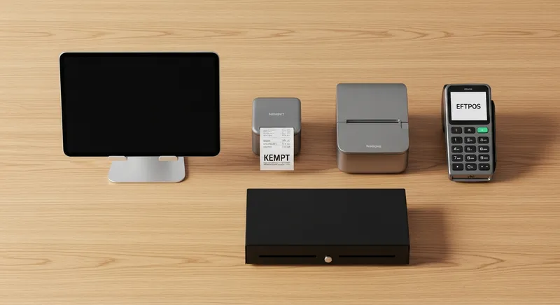 Minimalist tablet POS system setup for a New Zealand retail business, featuring an iPad on a stand, receipt printer, and EFTPOS terminal organized on a light oak wooden tabletop.