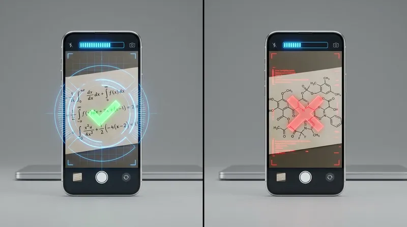 Split-screen showing an AI STEM solver successfully parsing a calculus equation on the left and encountering difficulty with a handwritten chemistry structure on the right.