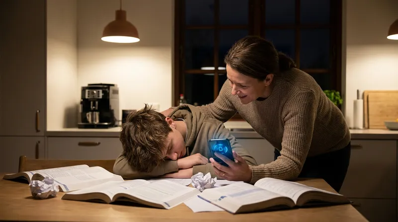 A frustrated student sits at a kitchen table with open math and chemistry textbooks as a supportive parent shows them a glowing AI STEM solver app on a smartphone.