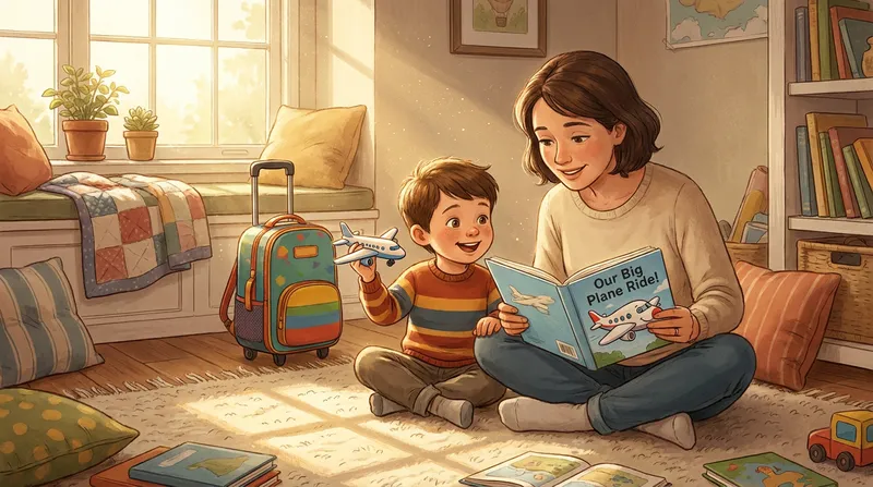 A parent and their young son reading a travel prep storybook together on a cozy rug to prepare for his first plane ride, with a toy airplane and packed suitcase nearby.