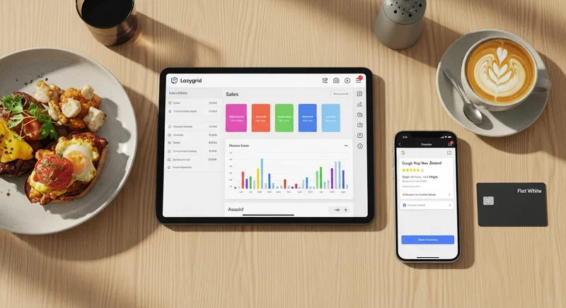 A screenshot of the Lazygrid Reporting Dashboard showing key sales and performance metrics. The dashboard is clean and modern, displaying graphs for top-selling items and revenue over time, demonstrating the data-driven insights available through the POS system.