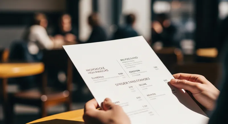 A macro shot of a minimalist New Zealand bistro menu held by a customer, featuring strategic typography, integer pricing, and highlighted high-margin items to demonstrate effective menu psychology.
