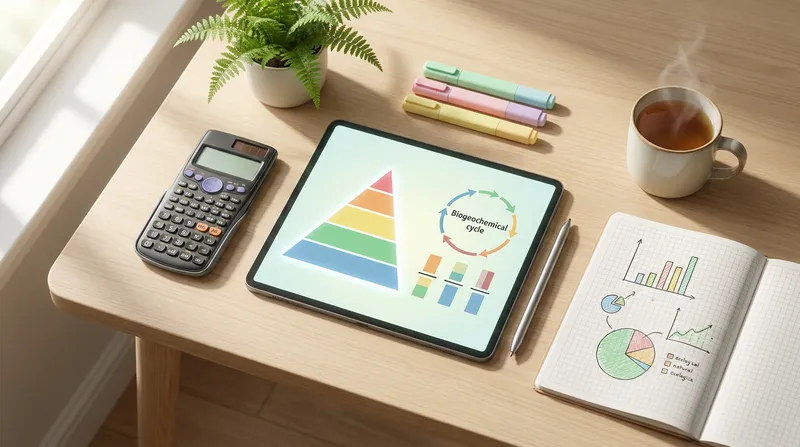 Organized AP Environmental Science study desk with a tablet displaying ecological diagrams, a scientific calculator, and notebook.