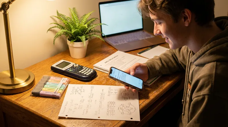 Student using a smartphone to scan AP Environmental Science dimensional analysis and math notes on a study desk.