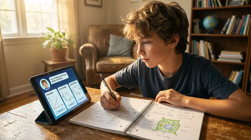 Middle school student using an AI tutor on a tablet at a sunlit desk, taking notes while studying.