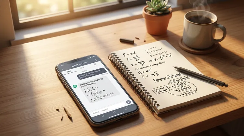 A smartphone displaying an AI tutor app next to an open notebook with physics equations and a Feynman technique diagram on a warm, sunlit study desk.