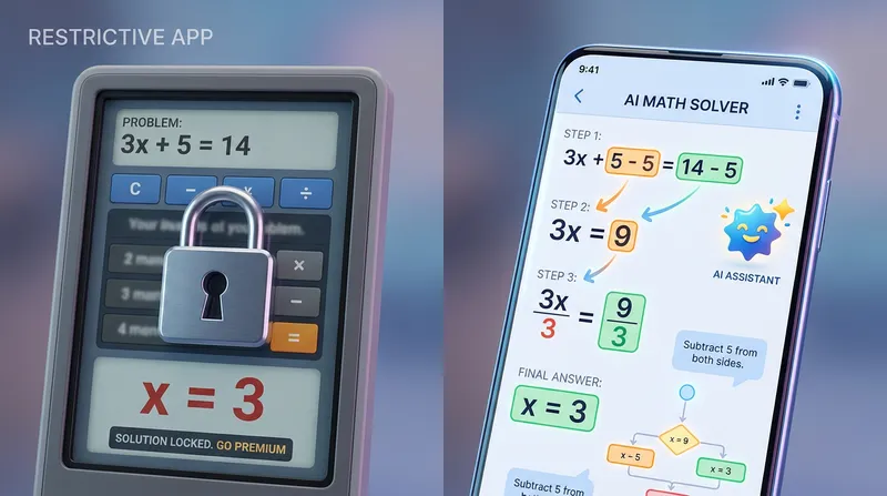 Comparing a restrictive math app with locked solutions to a free step-by-step AI math solver like Tutor AI.