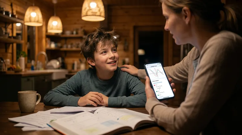 Student and parent using an AI math solver app to view step-by-step solutions on a smartphone.